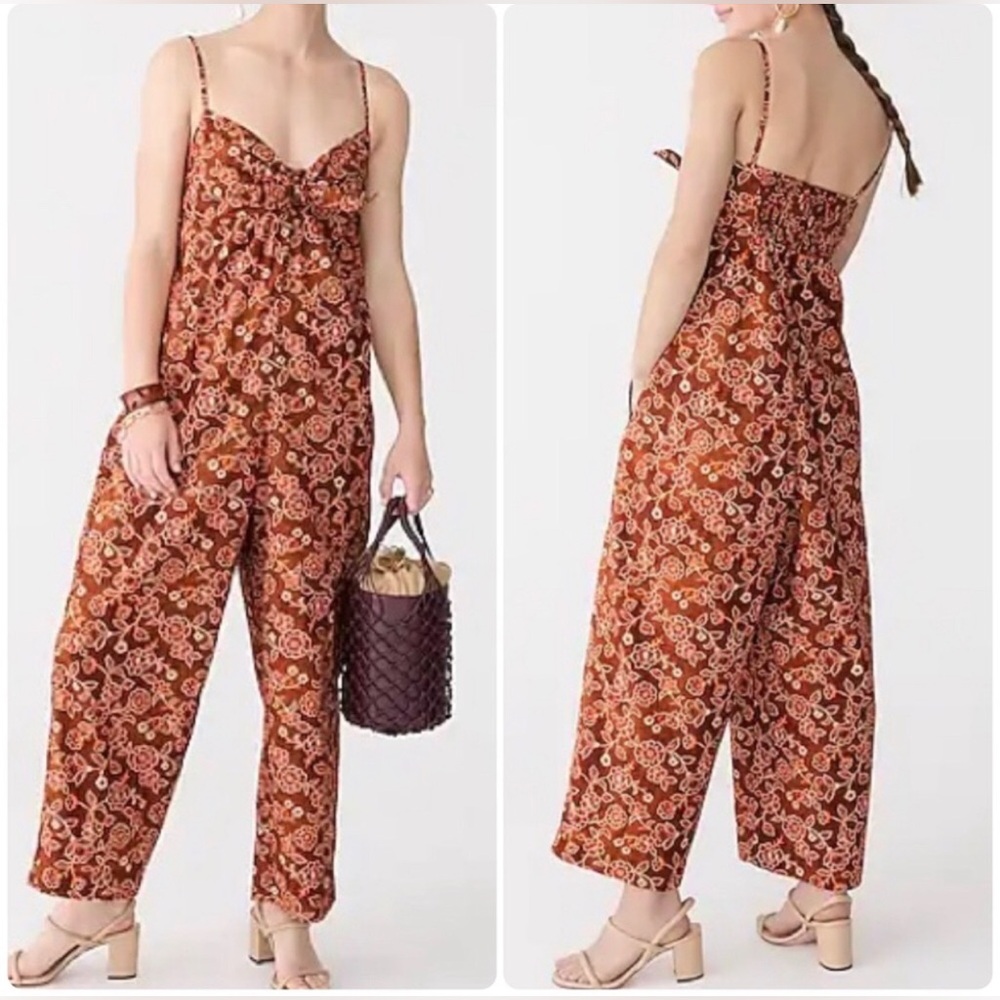 J.Crew Tie Front Jumpsuit Vintage Vines Print Womens BK960 Brown Orange SIze 6